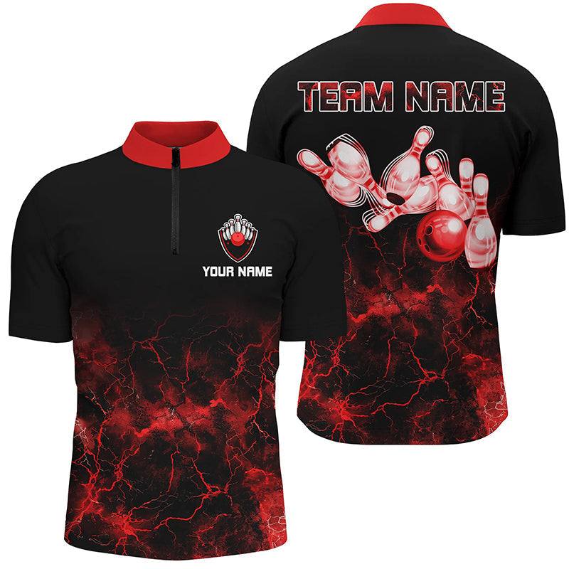 Personalized Men Quarter Zip Bowling Shirt Red lightning Bowling Ball Pins bowling jerseys for Bowler NQS7376