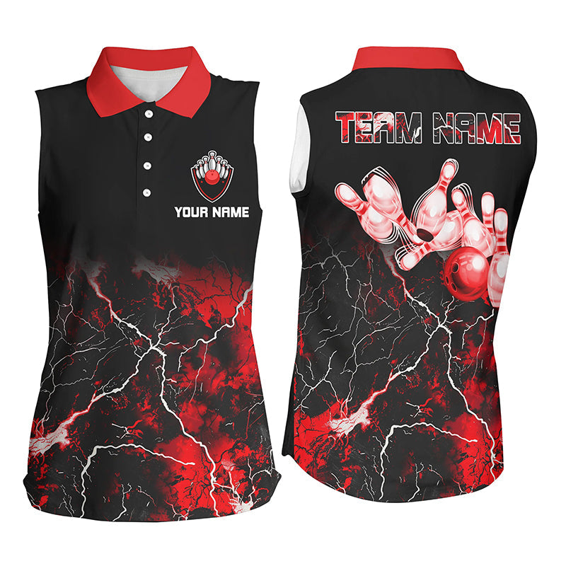 Women sleeveless polo shirts Red lightning thunder custom Bowling Ball Pins bowling jerseys for Bowler NQS7377