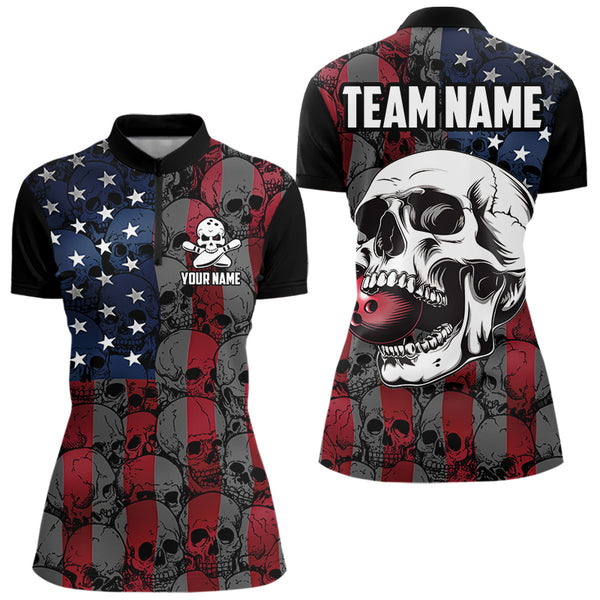 American Flag Skull Camo Bowling Shirt For Women Custom patriotic Team Jersey bowling attire for Women NQS9790