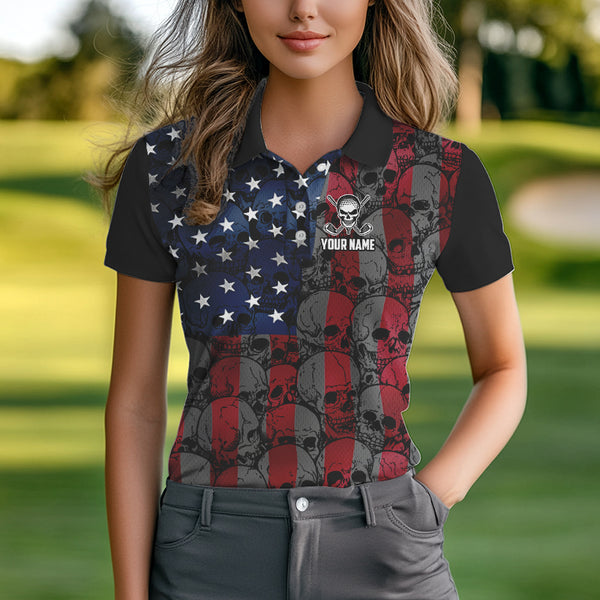 American Flag Skull Camo Golf Polo shirt for Women Custom patriotic golf team uniform NQS9791