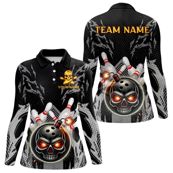 Funny Black and Gray Camo Bowling Shirt For Women Custom Skull Bowling Bomb Team ladies bowling attire NQS9792