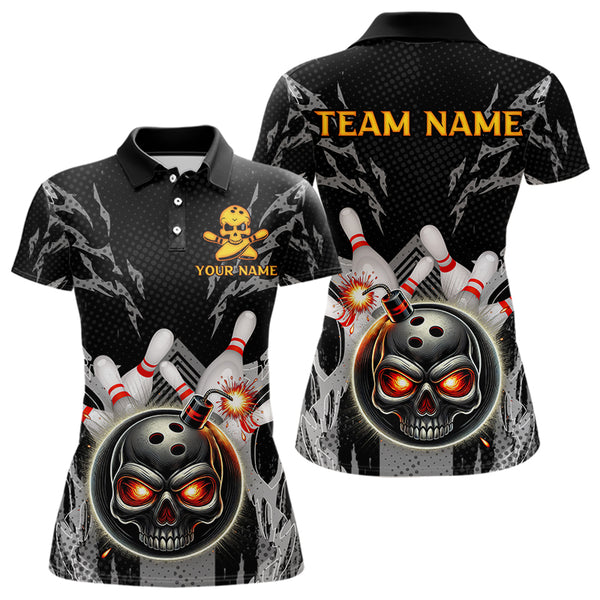 Funny Black and Gray Camo Bowling Shirt For Women Custom Skull Bowling Bomb Team ladies bowling attire NQS9792
