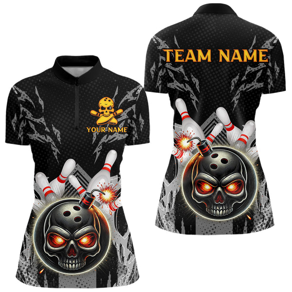 Funny Black and Gray Camo Bowling Shirt For Women Custom Skull Bowling Bomb Team ladies bowling attire NQS9792