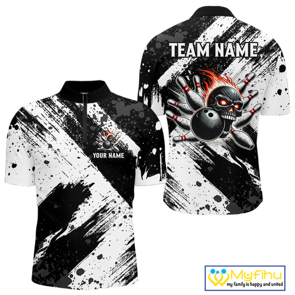 Black and White camo Flame Skull Bowling Shirts For Men Custom Bowling Team Jersey bowlers outfit NQS9795