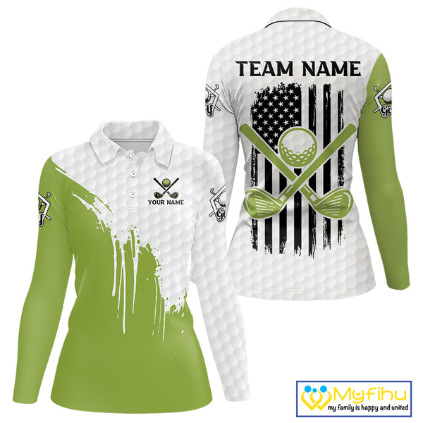Green and White American Flag Golf Polo shirt for Women Custom patriotic golf team uniform outfit NQS9796