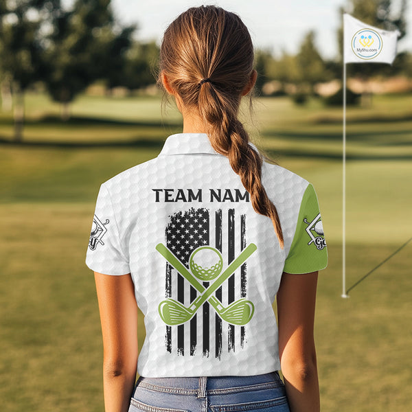 Green and White American Flag Golf Polo shirt for Women Custom patriotic golf team uniform outfit NQS9796