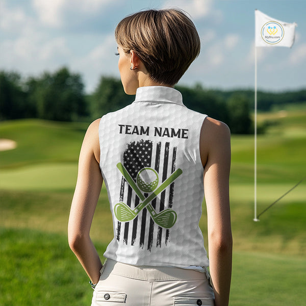Green and White American Flag womens golf shirts sleeveless Custom patriotic golf team uniform outfit NQS9796