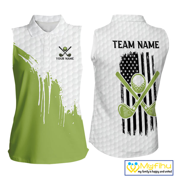 Green and White American Flag womens golf shirts sleeveless Custom patriotic golf team uniform outfit NQS9796