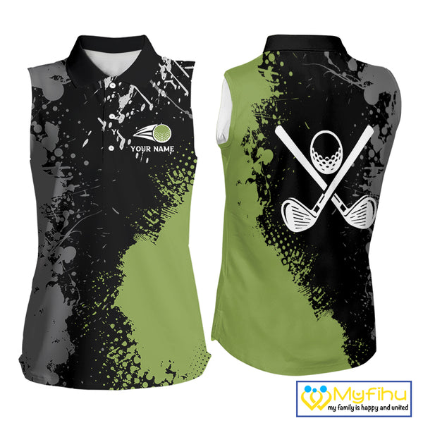 Black and Green Camo Sleeveless Golf Polo shirt for Women Custom golf team uniform golf outfit NQS9797