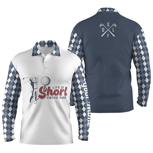 Funny Mens golf polo shirt custom life is short swing hard blue argyle pattern team golf polo shirts NQS5358