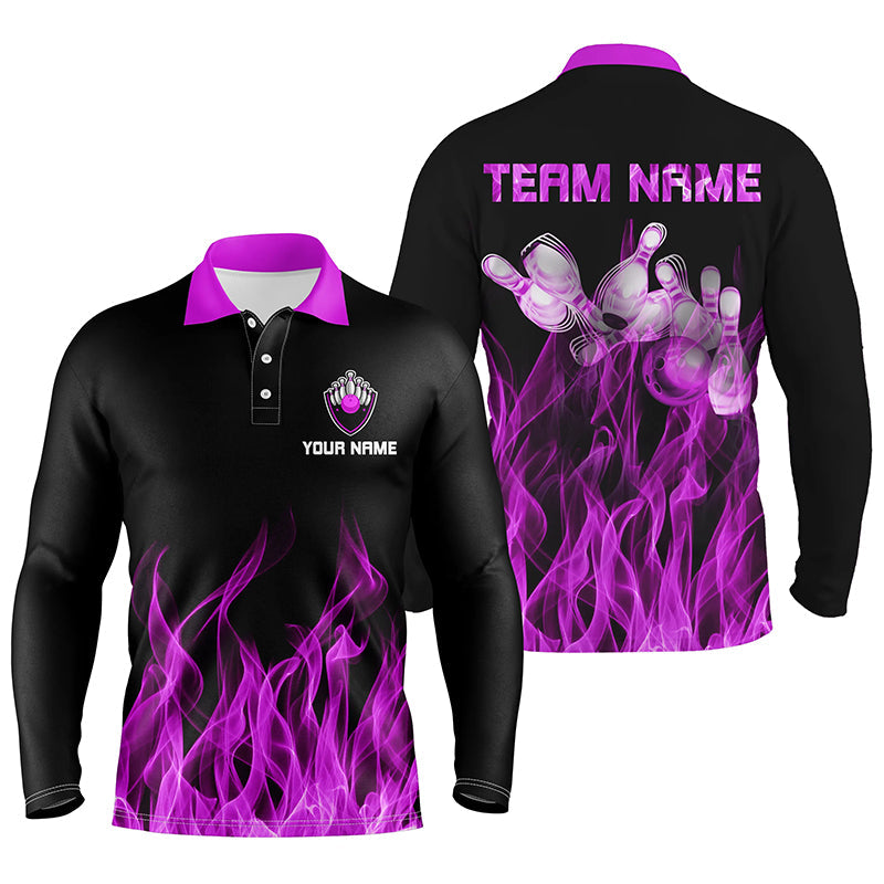 Personalized Men polo Bowling Shirt Purple Flame Bowling Ball and Pins bowling jerseys for men Bowler NQS6035