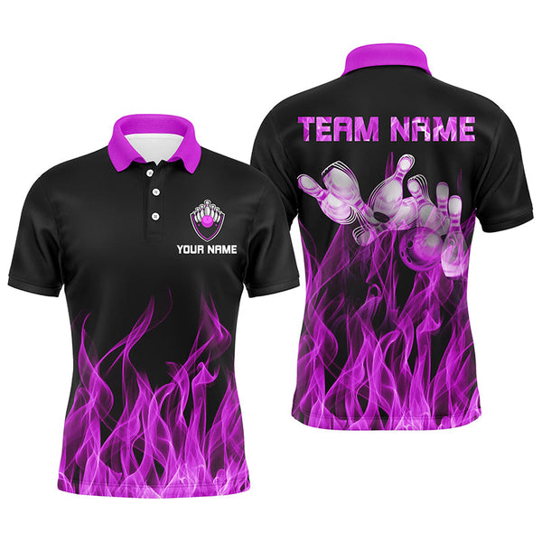 Personalized Men polo Bowling Shirt Purple Flame Bowling Ball and Pins bowling jerseys for men Bowler NQS6035