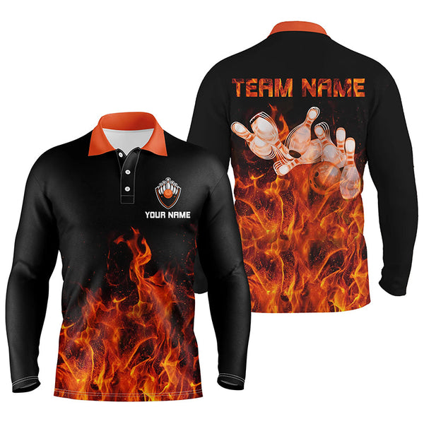 Personalized Men polo Bowling Shirt Orange Flame Bowling Ball and Pins bowling jerseys for men Bowler NQS6036