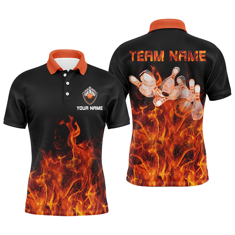 Personalized Men polo Bowling Shirt Orange Flame Bowling Ball and Pins bowling jerseys for men Bowler NQS6036