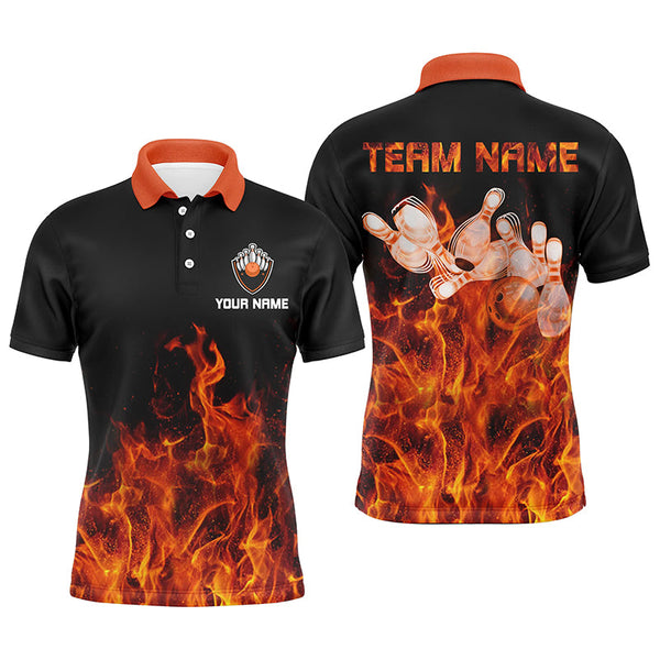 Personalized Men polo Bowling Shirt Orange Flame Bowling Ball and Pins bowling jerseys for men Bowler NQS6036