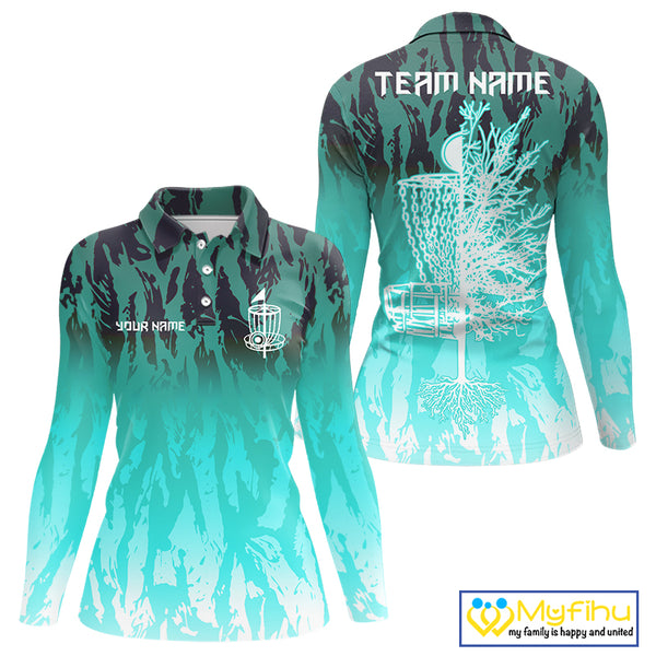 Disc golf basket Cyan Blue camo Women disc golf polo shirt custom disc golf jerseys ladies team shirt NQS10348