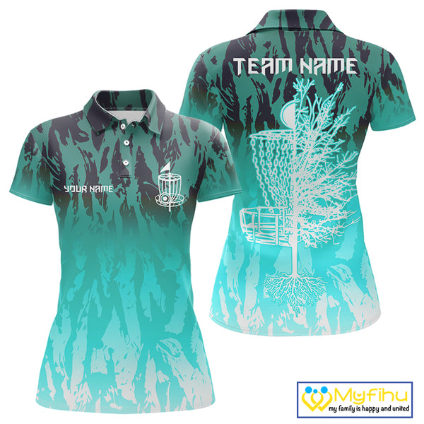 Disc golf basket Cyan Blue camo Women disc golf polo shirt custom disc golf jerseys ladies team shirt NQS10348