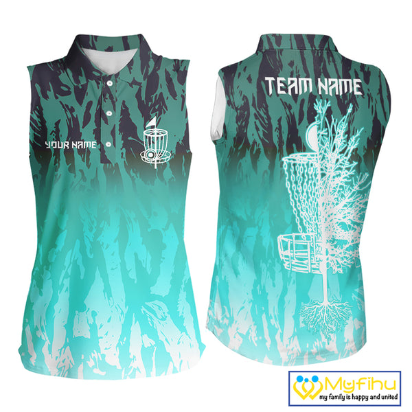 Disc golf basket Cyan Blue camo Women sleeveless polo shirt custom disc golf jersey ladies team shirt NQS10348