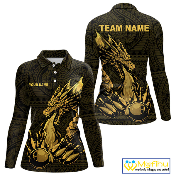 Custom Tribal pattern Gold Dragon Bowling Polo, 1/4 Zip Shirt For Women, Bowling Team League Jersey NQS10349