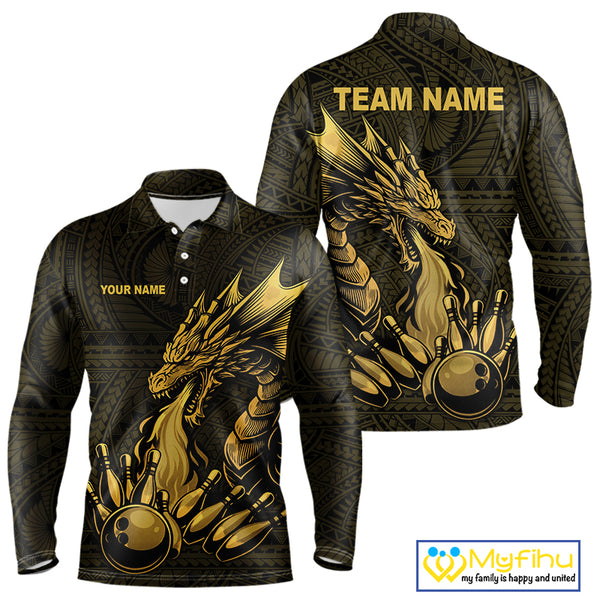 Custom Tribal pattern Gold Dragon Bowling Polo, Quarter Zip Shirt For Men, Bowling Team League Jersey NQS10349