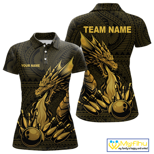 Custom Tribal pattern Gold Dragon Bowling Polo, 1/4 Zip Shirt For Women, Bowling Team League Jersey NQS10349