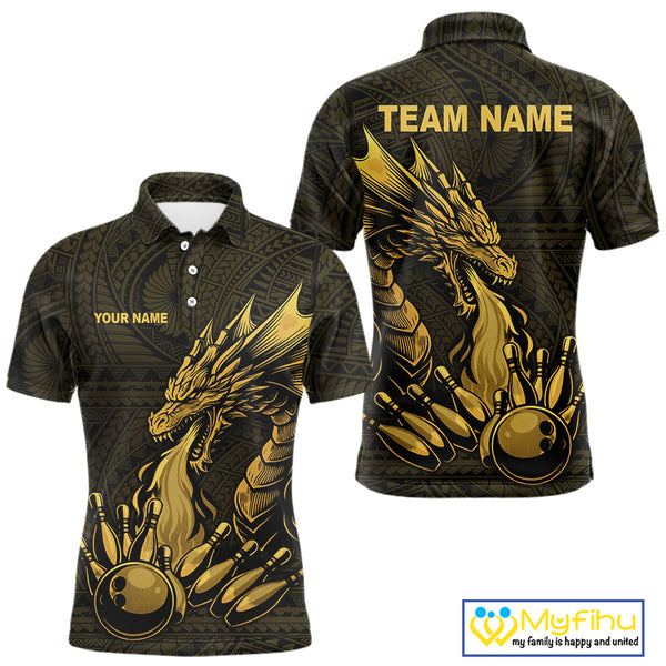 Custom Tribal pattern Gold Dragon Bowling Polo, Quarter Zip Shirt For Men, Bowling Team League Jersey NQS10349