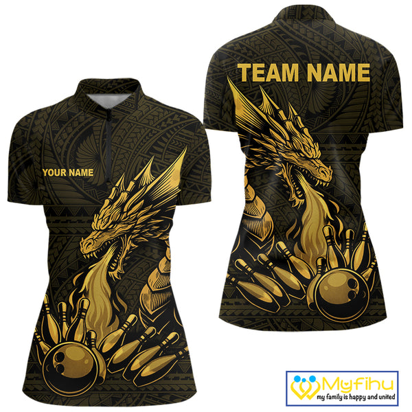 Custom Tribal pattern Gold Dragon Bowling Polo, 1/4 Zip Shirt For Women, Bowling Team League Jersey NQS10349