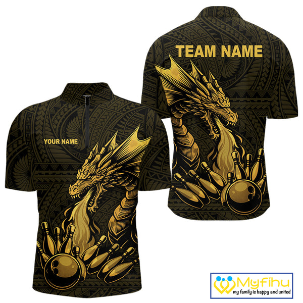 Custom Tribal pattern Gold Dragon Bowling Polo, Quarter Zip Shirt For Men, Bowling Team League Jersey NQS10349