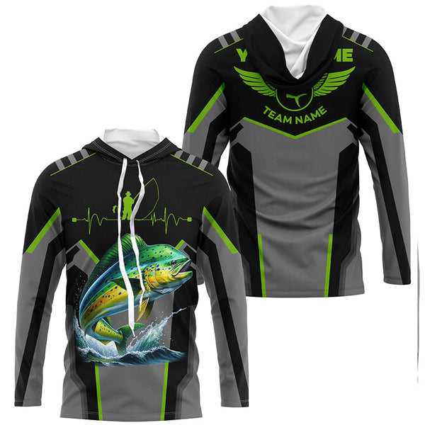 Personalized Black Mahi mahi Fishing jerseys, Team Dorado Fishing Long Sleeve tournament shirts| Green NQS6270