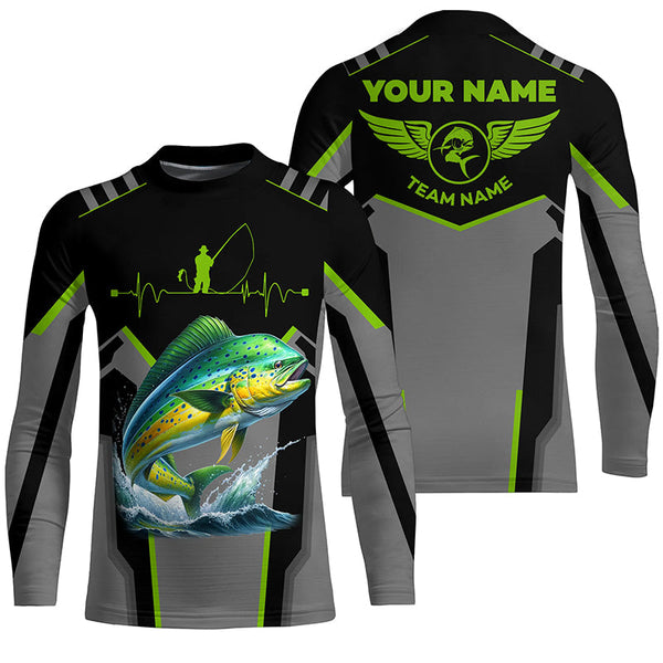 Personalized Black Mahi mahi Fishing jerseys, Team Dorado Fishing Long Sleeve tournament shirts| Green NQS6270