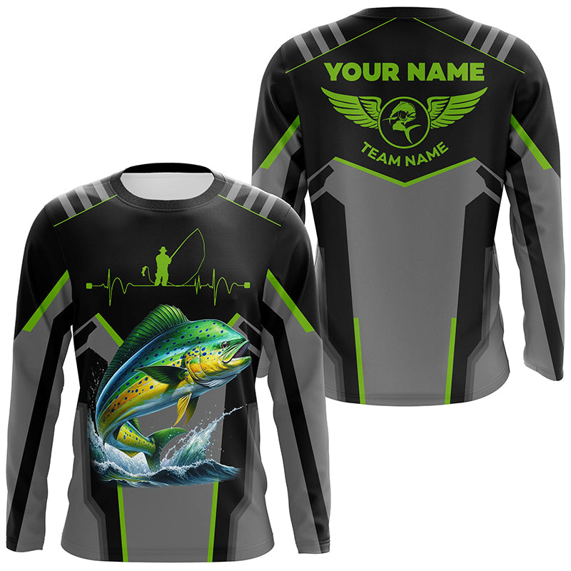 Personalized Black Mahi mahi Fishing jerseys, Team Dorado Fishing Long Sleeve tournament shirts| Green NQS6270