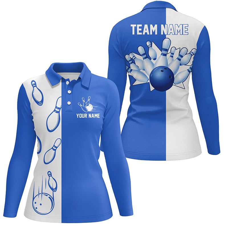 Blue and white retro vintage Bowling polo shirts for women custom Bowling team jerseys NQS6481