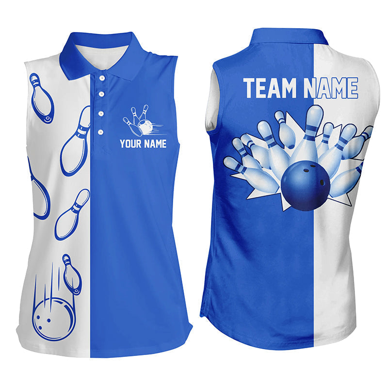 Blue and white retro vintage Bowling sleeveless polo shirts for women custom Bowling team jerseys NQS6481