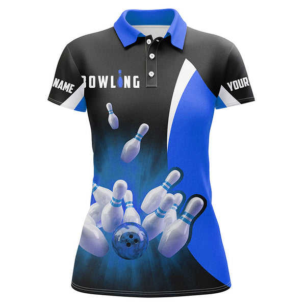 Custom bowling shirts retro black blue Bowling polo shirts for women, Bowling team jerseys NQS6935