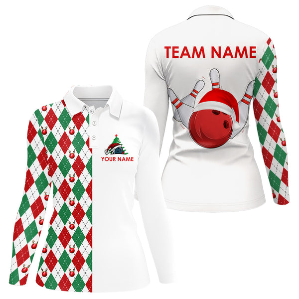 Christmas Bowling Polo, 1/4 Zip Shirt For Women custom red, white, green argyle pattern Bowling Jersey NQS9060