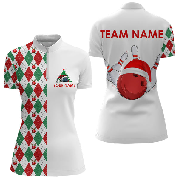 Christmas Bowling Polo, 1/4 Zip Shirt For Women custom red, white, green argyle pattern Bowling Jersey NQS9060