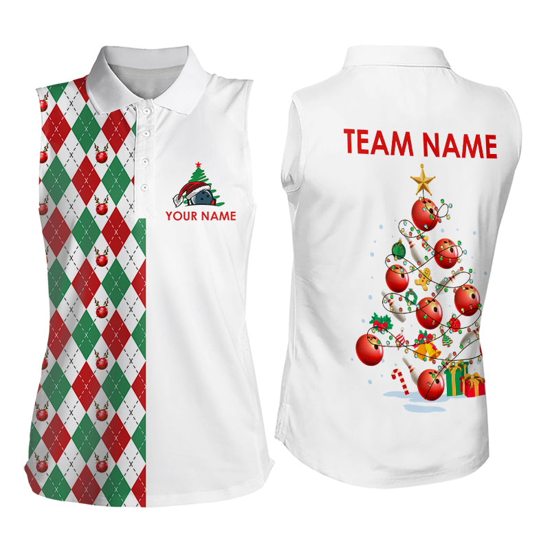 Christmas Bowling Tree Womens Sleeveless Polos custom red, white, green argyle pattern Bowling Jersey NQS9061