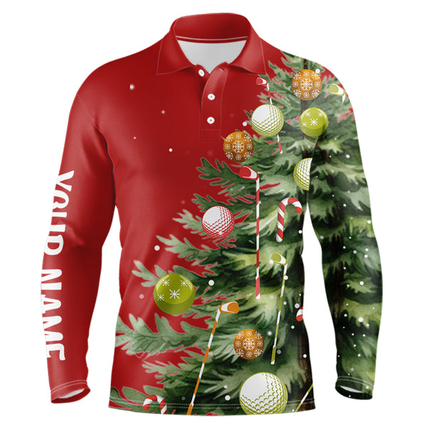 Red Mens golf polo shirts custom Christmas tree golf shirt for mens, Christmas golf gifts NQS9072