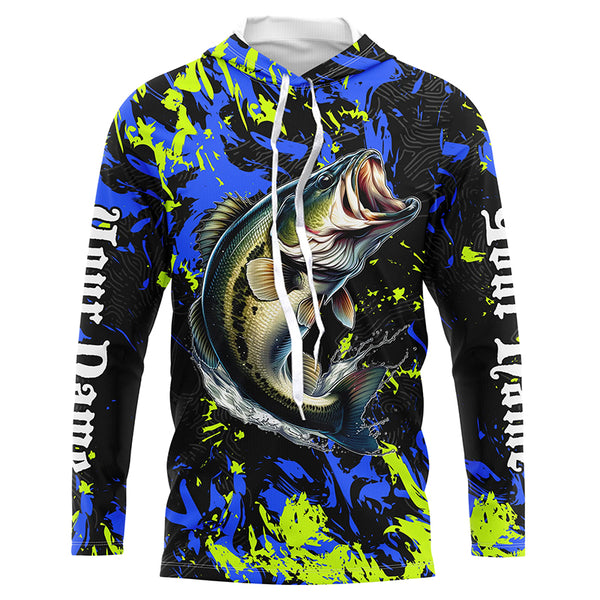 Largemouth Bass fishing green blue camo Custom UV protection performance long sleeve fishing shirt NQS7099