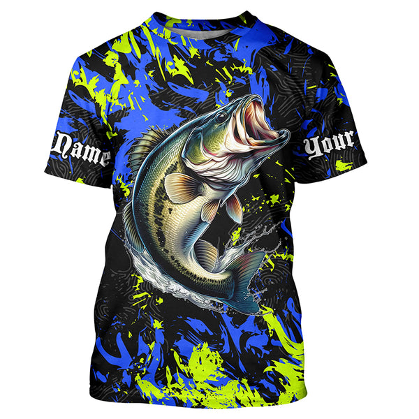 Largemouth Bass fishing green blue camo Custom UV protection performance long sleeve fishing shirt NQS7099