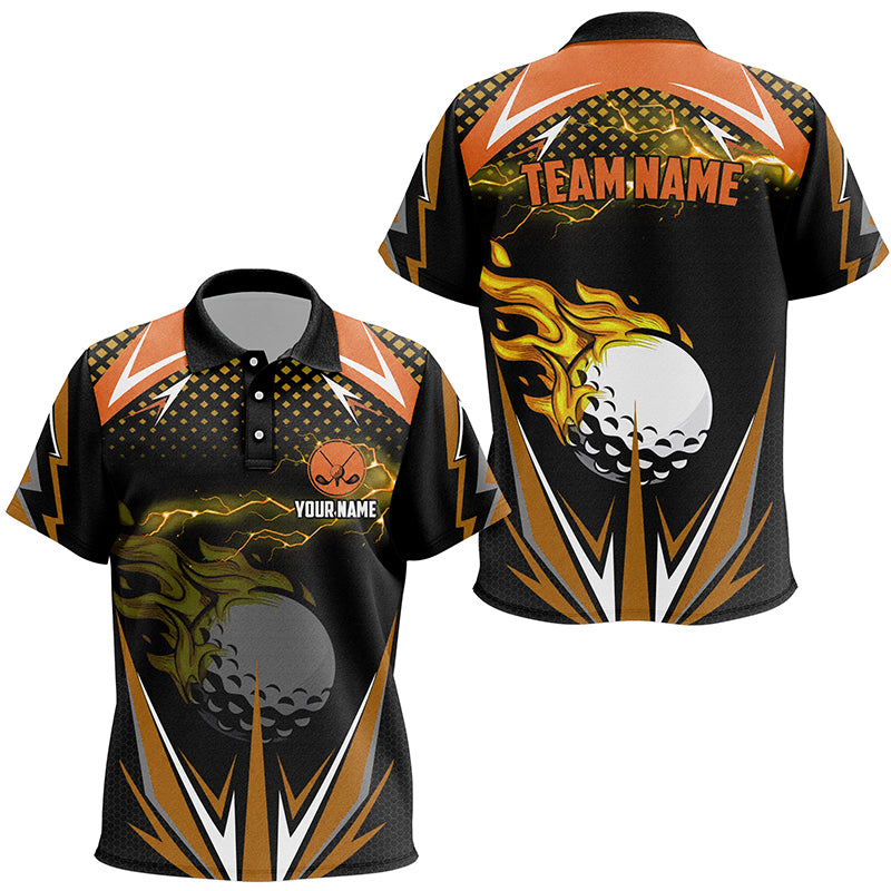 Black Kid golf polo shirts custom Orange fire lightning team golf jerseys, golf attire for kid NQS7381