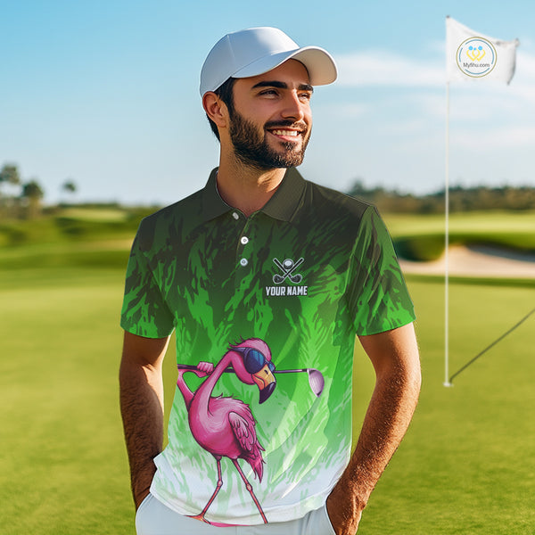 Funny Flamingo Green camo flame golf ball Mens Golf Polo Shirts Custom Flamingo Golf attire for men NQS9799