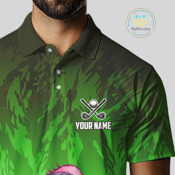 Funny Flamingo Green camo flame golf ball Mens Golf Polo Shirts Custom Flamingo Golf attire for men NQS9799