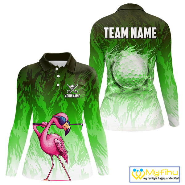 Funny Flamingo Green camo flame golf ball Women Golf Polo Shirt Custom Flamingo Golf attire for ladies NQS9799