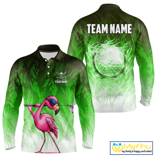 Funny Flamingo Green camo flame golf ball Mens Golf Polo Shirts Custom Flamingo Golf attire for men NQS9799