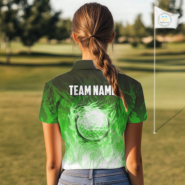 Funny Flamingo Green camo flame golf ball Women Golf Polo Shirt Custom Flamingo Golf attire for ladies NQS9799