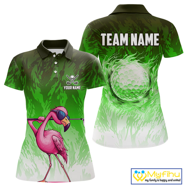 Funny Flamingo Green camo flame golf ball Women Golf Polo Shirt Custom Flamingo Golf attire for ladies NQS9799