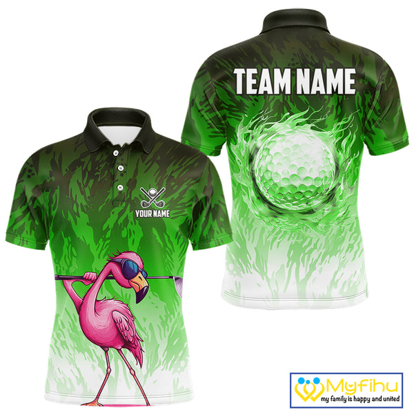 Funny Flamingo Green camo flame golf ball Mens Golf Polo Shirts Custom Flamingo Golf attire for men NQS9799