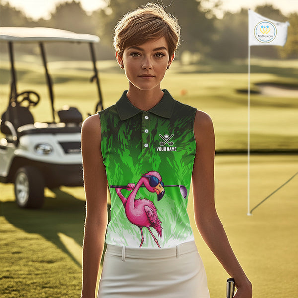 Funny Flamingo Green camo flame golf ball Women Golf Sleeveless Polo Shirt Custom Ladies Golf tops NQS9799
