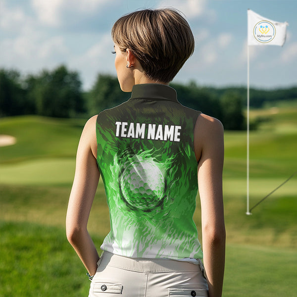 Funny Flamingo Green camo flame golf ball Women Golf Sleeveless Polo Shirt Custom Ladies Golf tops NQS9799
